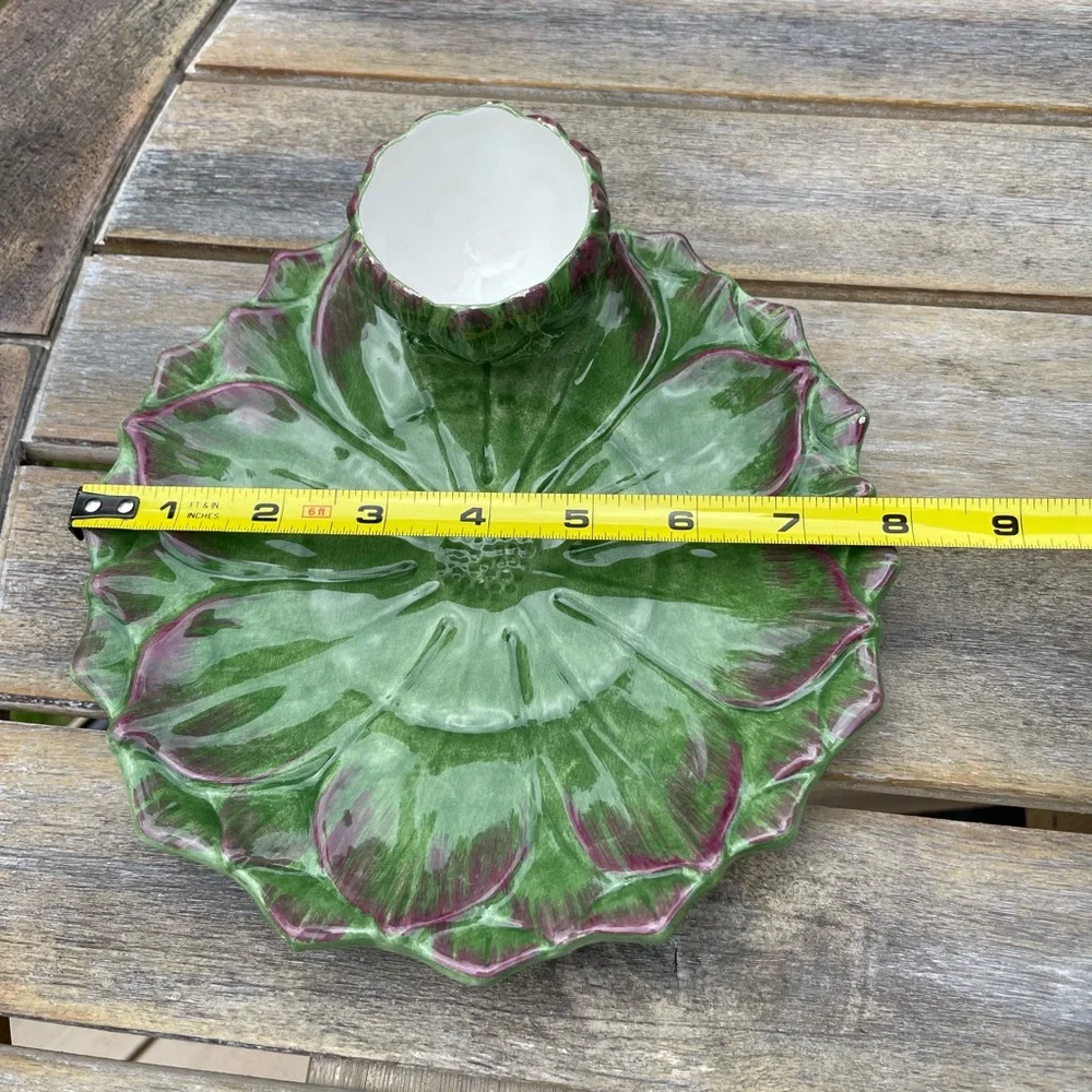 Vintage Sur La Table Green Majolica Artichoke Plate Attached Dip Dish 8” Italy
